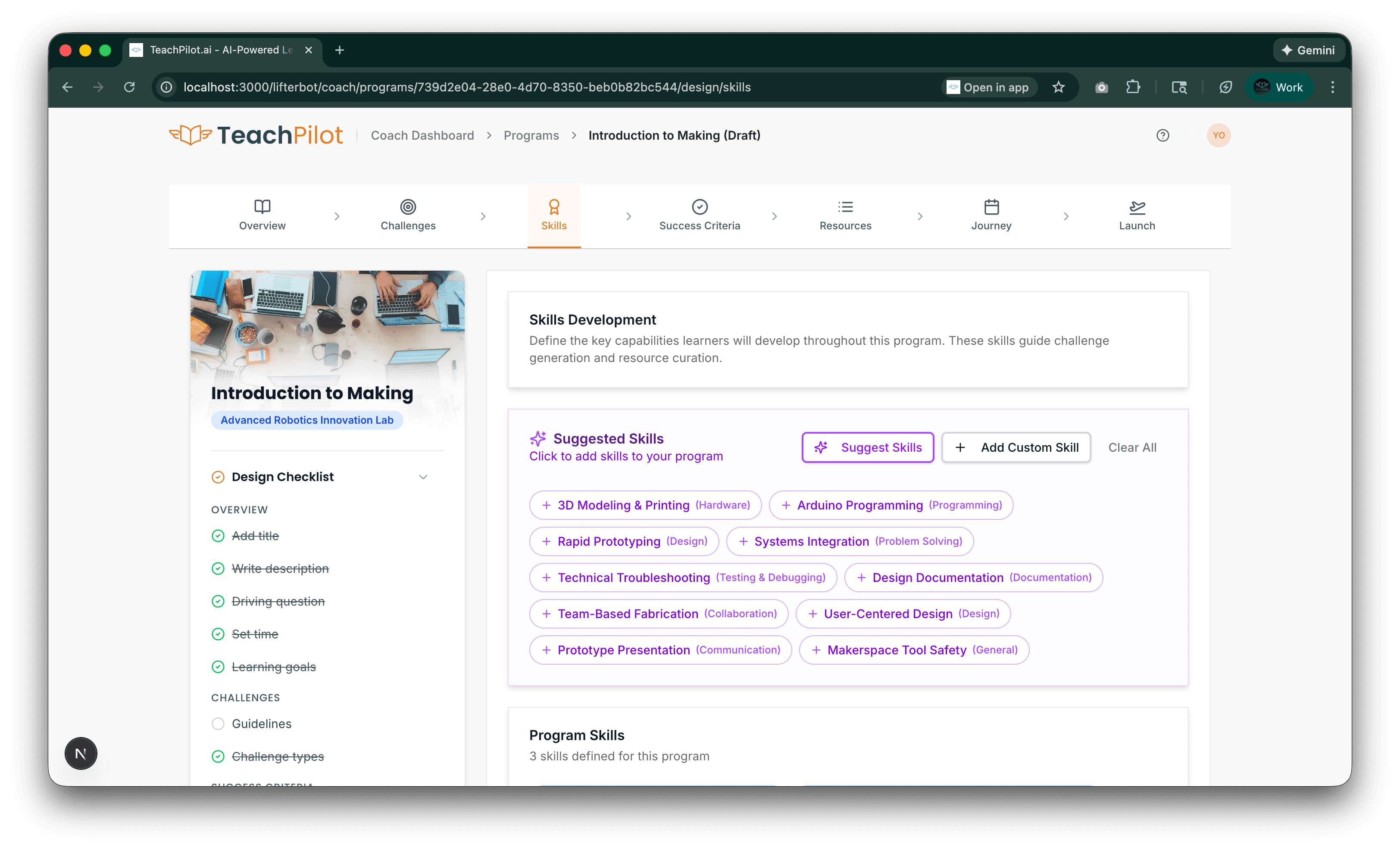 TeachPilot skills tracking interface